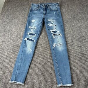 American Eagle Super Stretch Ripped Skinny Jeggings Blue Medium Wash Womens 6